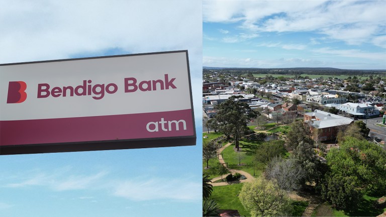 bendigo bank branch sign and an aerial shot of the victorian town of yarram
